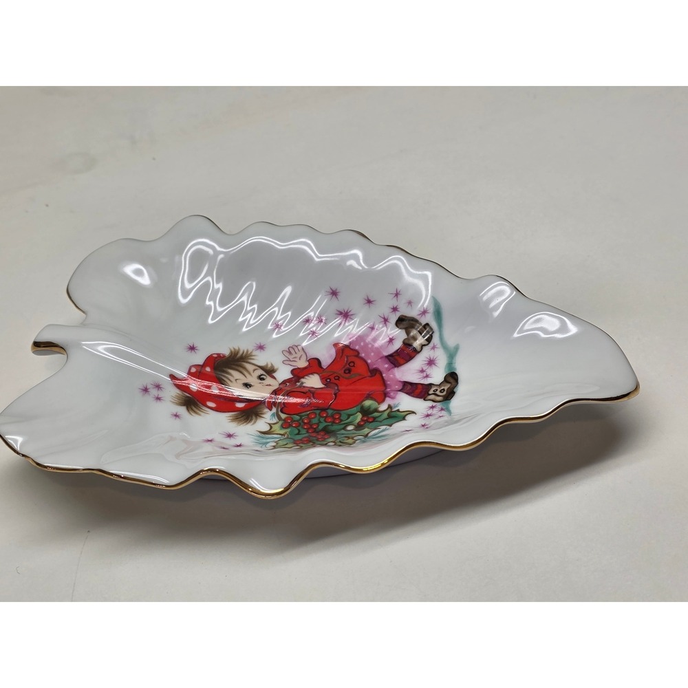 Vintage Lefton China Christmas Leaf Dish Hand Painted Girl Holly 443P Japan Gold - Picture 2 of 6